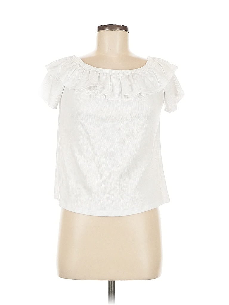 Pre-owned Ann Taylor Loft Short Sleeve Top White Ruffles Neckline Tops