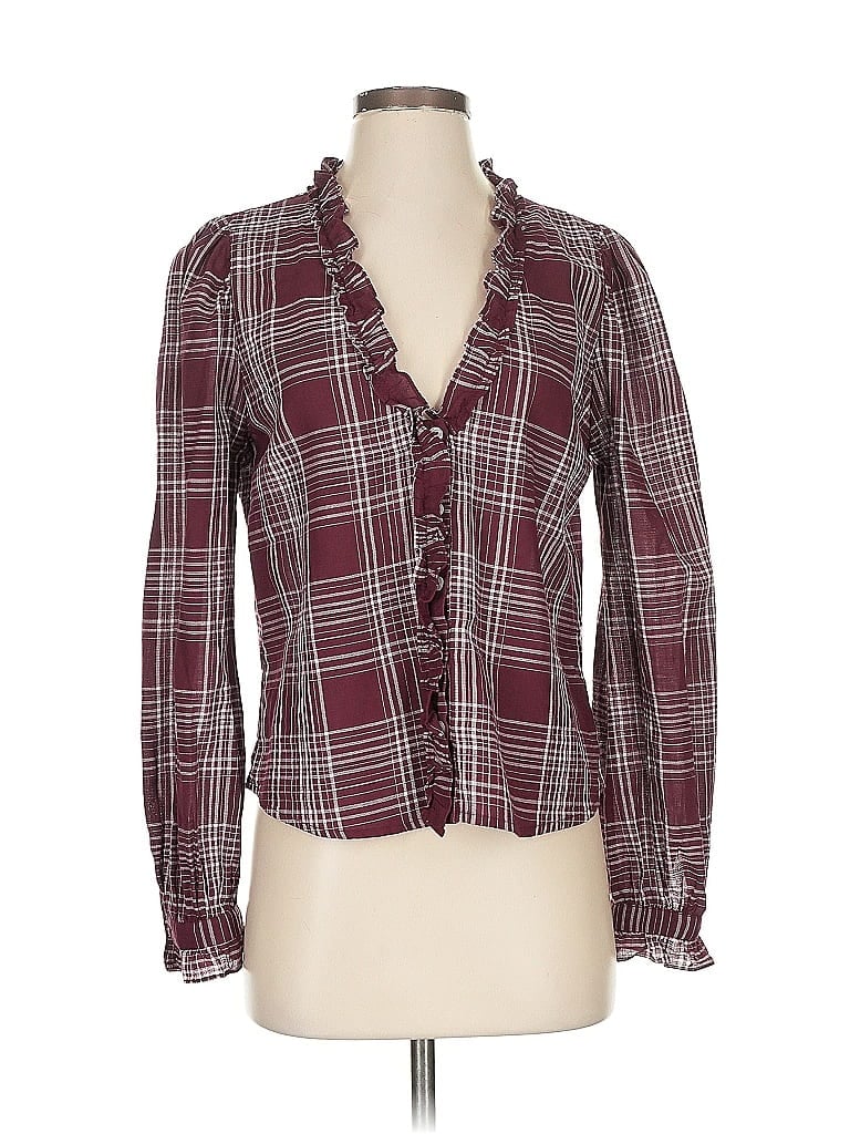 Evereve 100% Cotton Plaid Burgundy Long Sleeve Blouse Size S - photo 1
