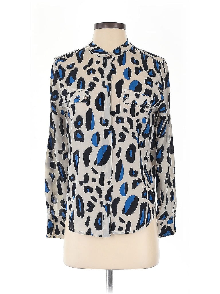 Pre-owned Lauren Gold Long Sleeve Silk Top Blue Animal Print Pattern Mock Neckline Tops
