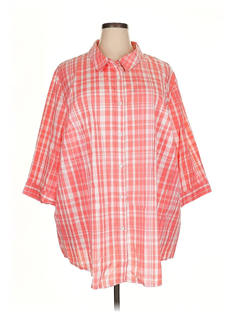 Woman Within 100% Cotton Plaid Orange 3/4 Sleeve Button-Down Shirt Size 3X - photo 1