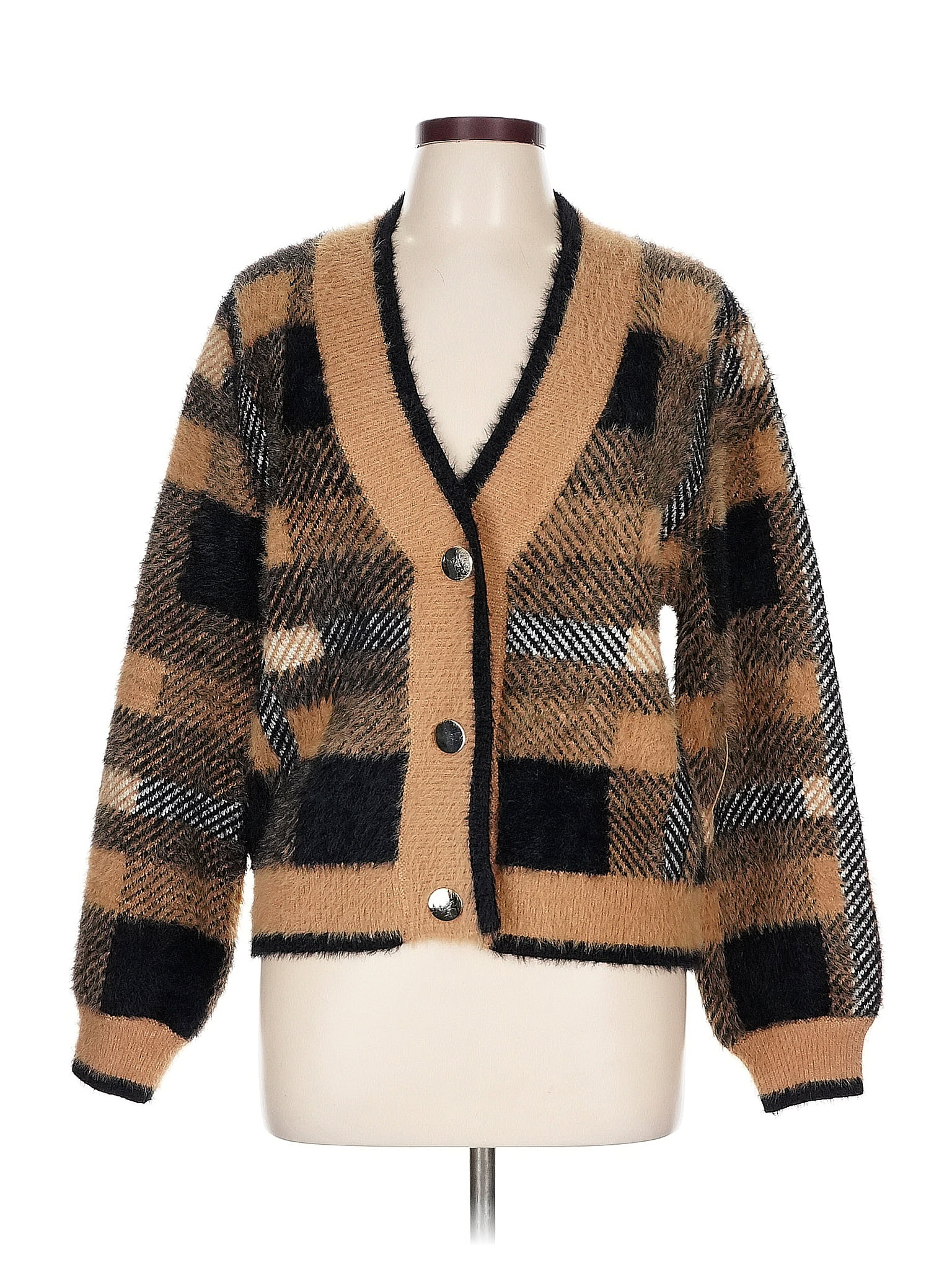 English Factory Plaid Brown Tan Cardigan Size L