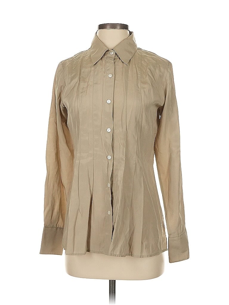 HILTON HOLLIS Pre-owned Long Sleeve Silk Top Tan Collared Neckline Tops In Brown