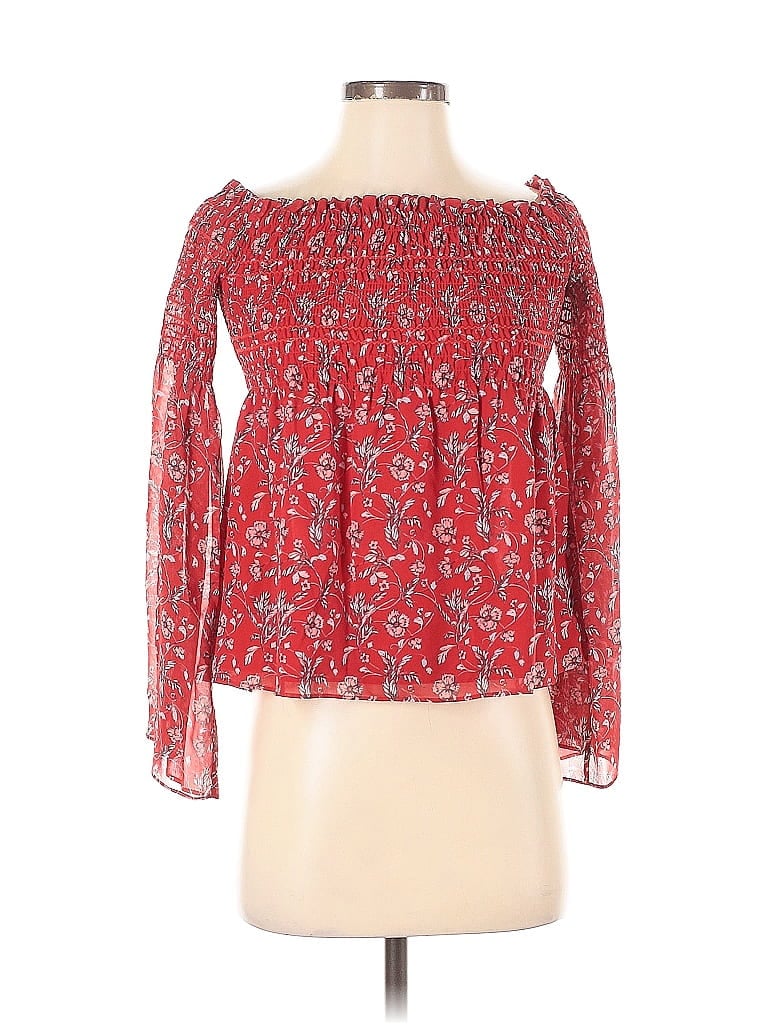 Pre-owned Intermix 3/4 Sleeve Silk Top Red Off The Shoulder Neckline Tops