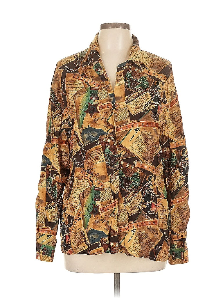 August Silk 100% Silk Print Brown Long Sleeve Silk Top Size L - photo 1