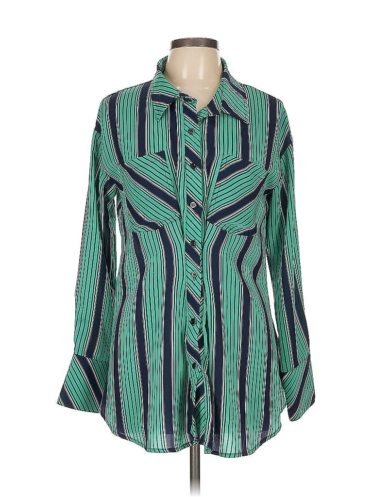 Gracia 100% Polyester Stripes Green Long Sleeve Blouse Size L - photo 1