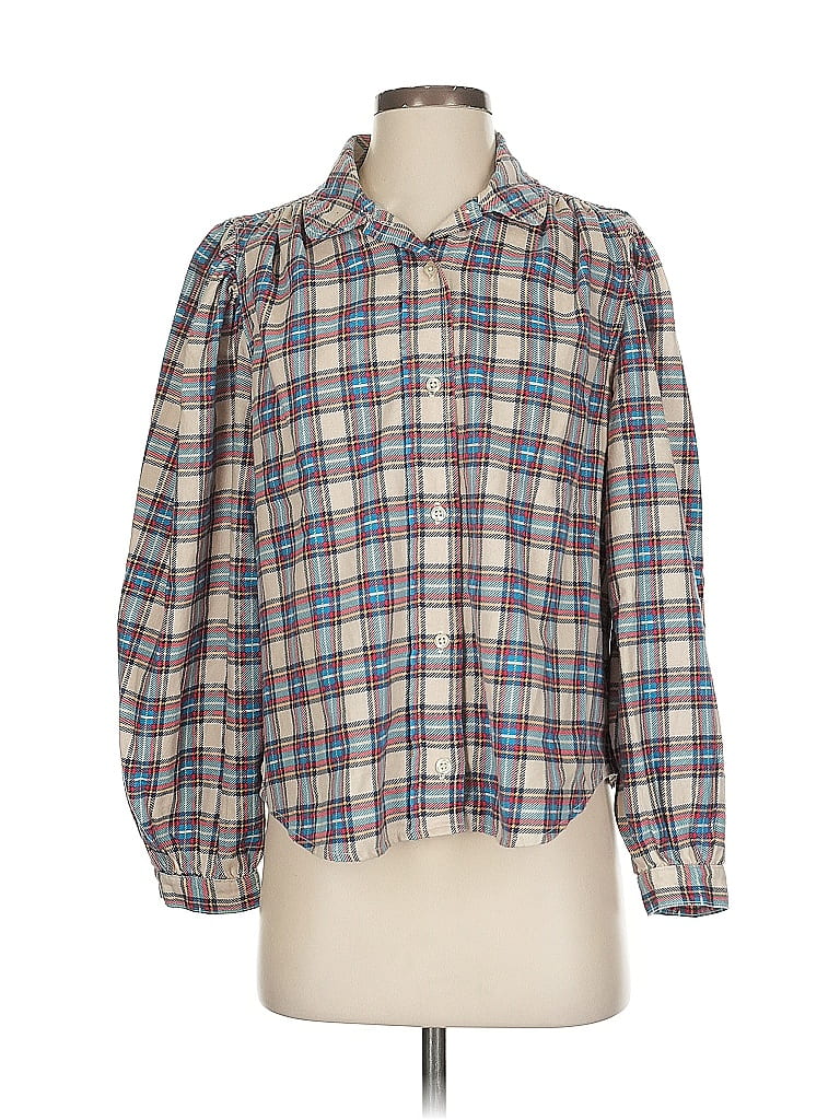 The Great. 100% Cotton Plaid Ivory Blue Long Sleeve Polo Size 1 - photo 1