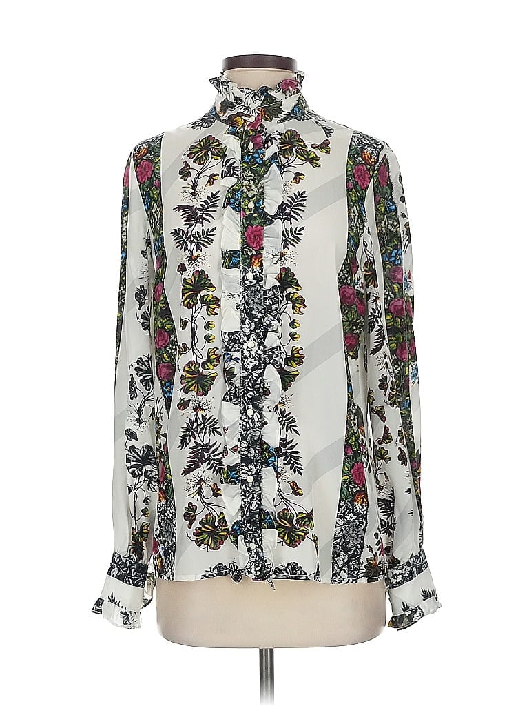 Alberto Makali 100% Silk Print Ivory Long Sleeve Silk Top Size S - photo 1
