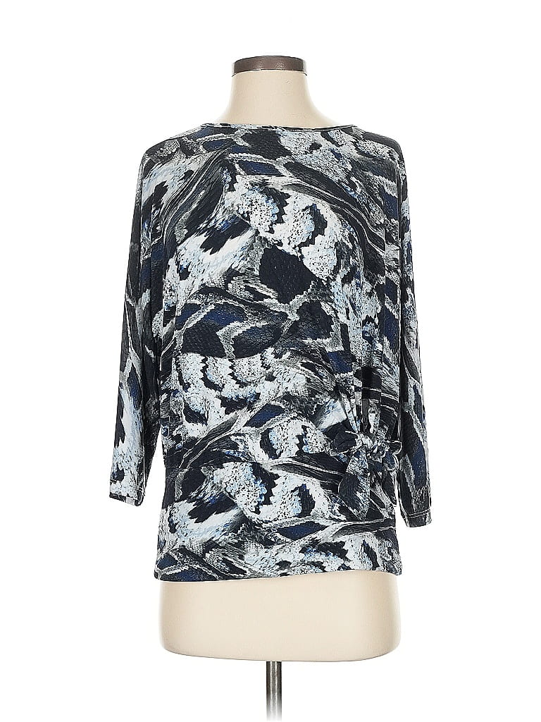 Pre-owned Clara Sun Woo 3/4 Sleeve Top Blue Animal Print Pattern Boatneck Tops