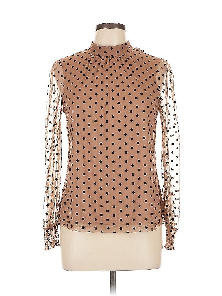 DR2 100% Polyester Polka Dots Brown Long Sleeve Blouse Size L - photo 1