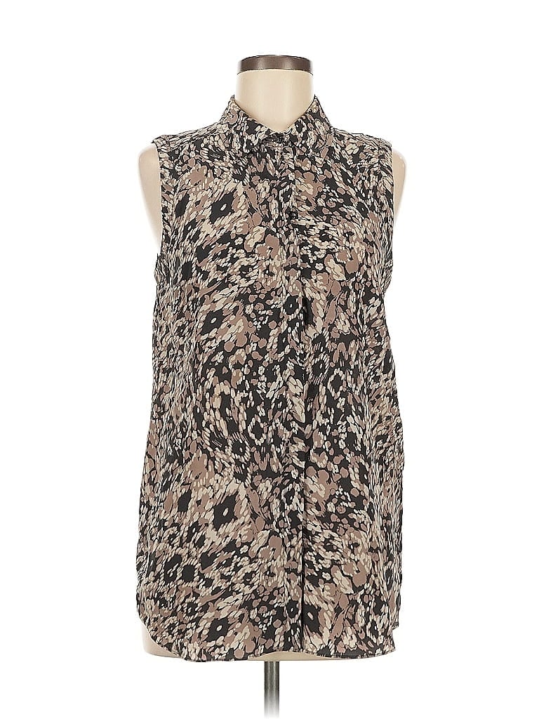 Click to view more detailed imagery on our partner's website Pre-owned Rachel Zoe Sleeveless Silk Top Brown Animal Print Pattern High Neck Tops