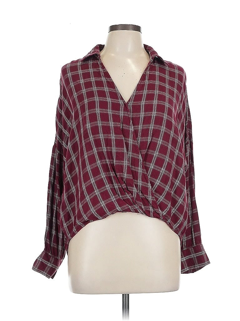 Lou & Grey for LOFT 100% Viscose Plaid Burgundy Long Sleeve Blouse Size L - photo 1