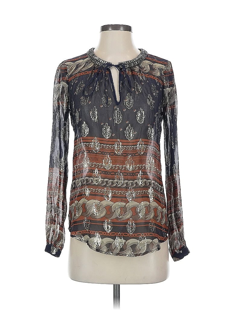 Pre-owned Hale Bob Long Sleeve Silk Top Silver Keyhole Neckline Tops