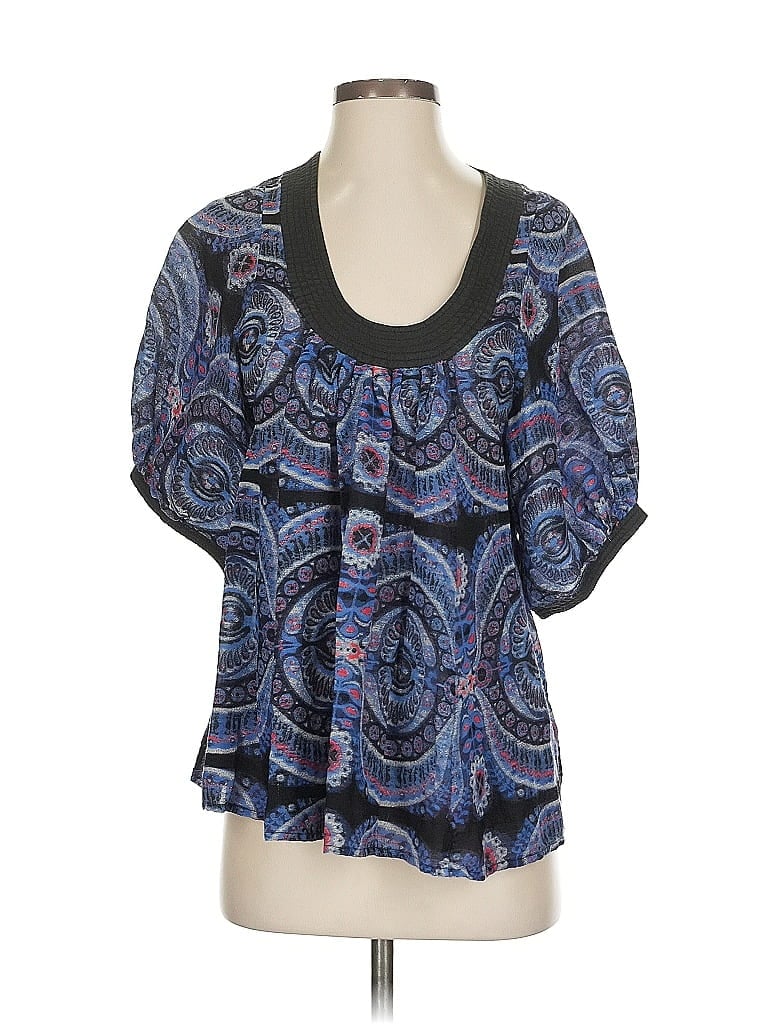 Pre-owned Plenty By Tracy Reese Short Sleeve Silk Top Blue Scoop Neck Tops