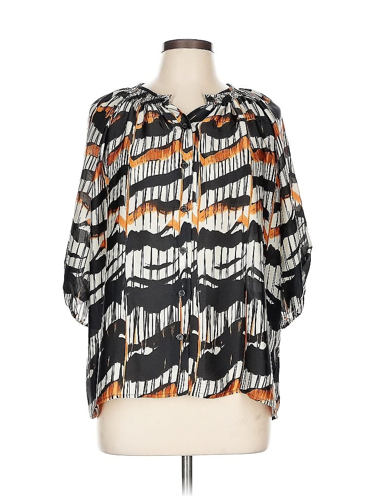 Collective Concepts 100% Polyester Print Black 3/4 Sleeve Blouse Size L - photo 1