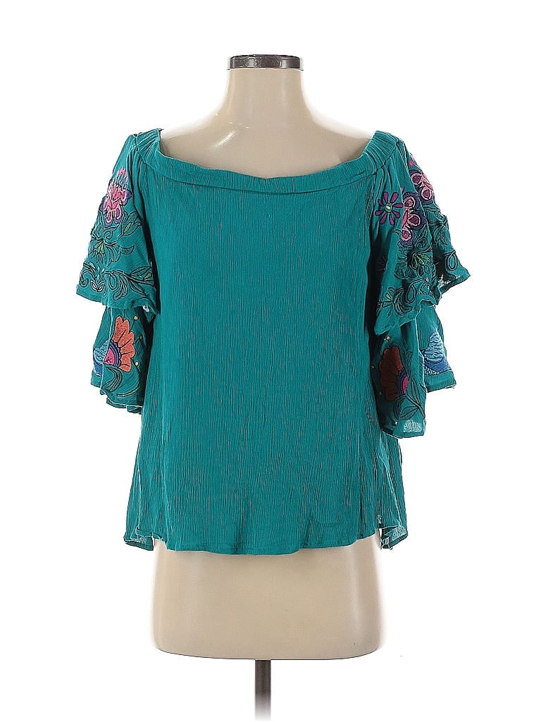 Pre-owned Judith March Short Sleeve Top Teal Floral Pattern Off The Shoulder Neckline Tops In Blue