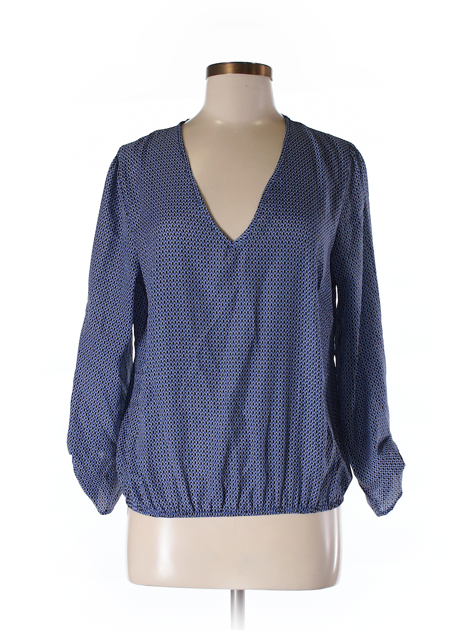 Cynthia Rowley TJX 100% Polyester Print Dark Blue Long Sleeve Blouse ...