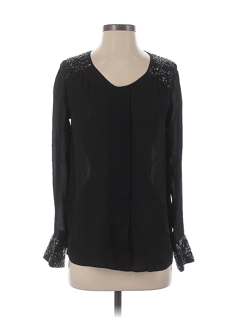 Pre-owned Madison Marcus Long Sleeve Silk Top Black Keyhole Neckline Tops