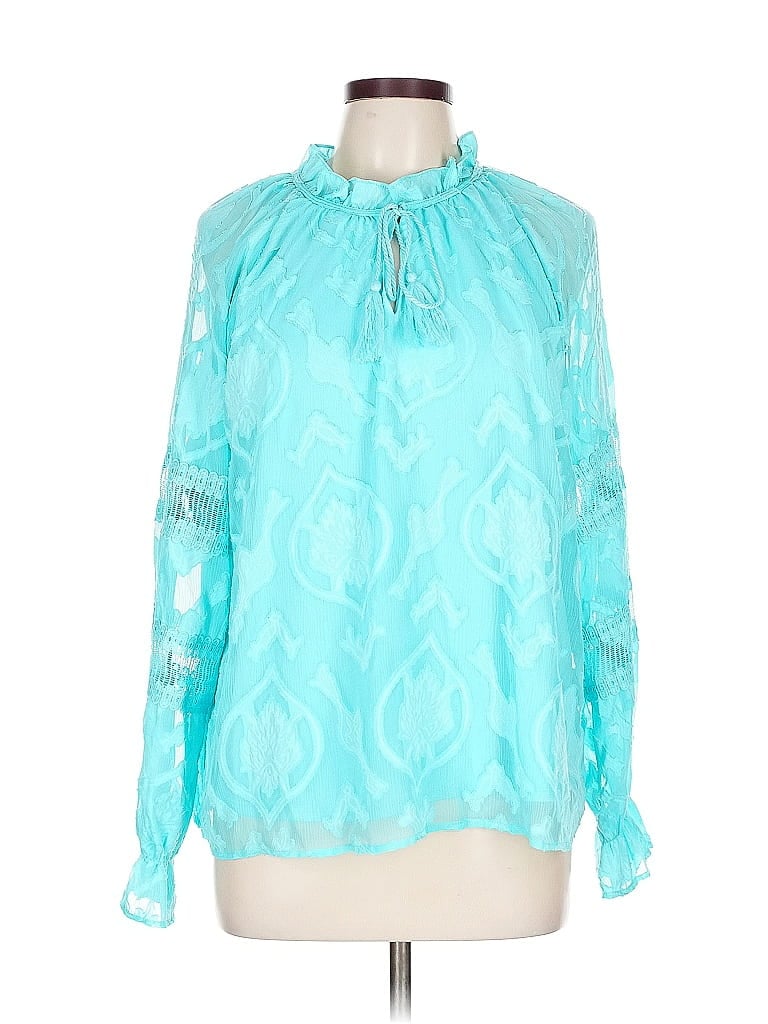 Belle By Kim Gravel 100% Polyester Floral Teal Long Sleeve Blouse Size L - photo 1