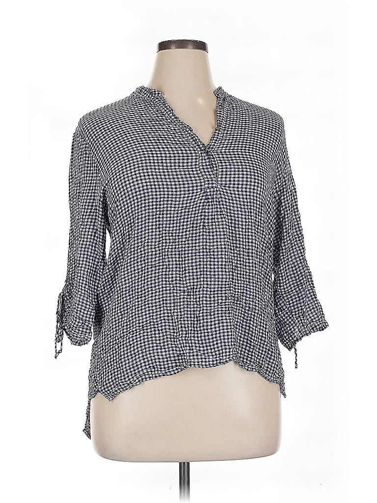 XCVI Checkered-gingham Gray Blue 3/4 Sleeve Blouse Size XL - photo 1