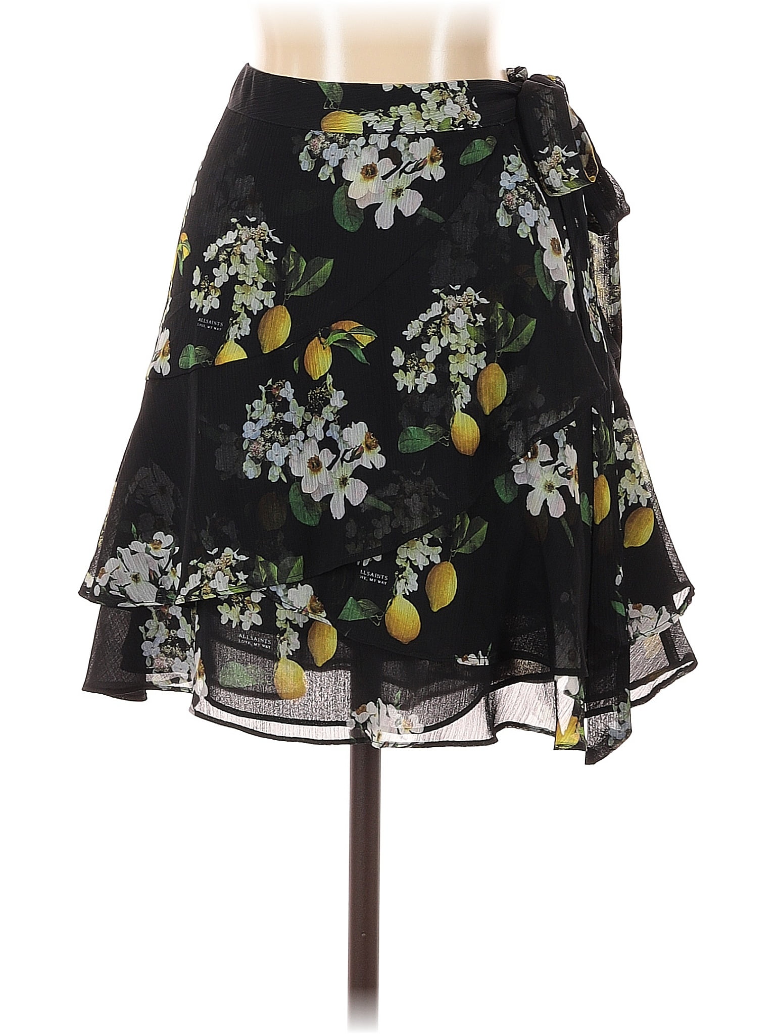 ALLSAINTS 100% Polyester Print Black Casual Skirt Size 8
