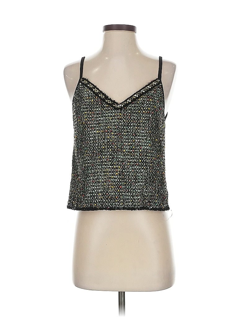 Pre-owned Zara Basic Tank Top Green Chevron/herringbone Pattern Halter Neckline Tops