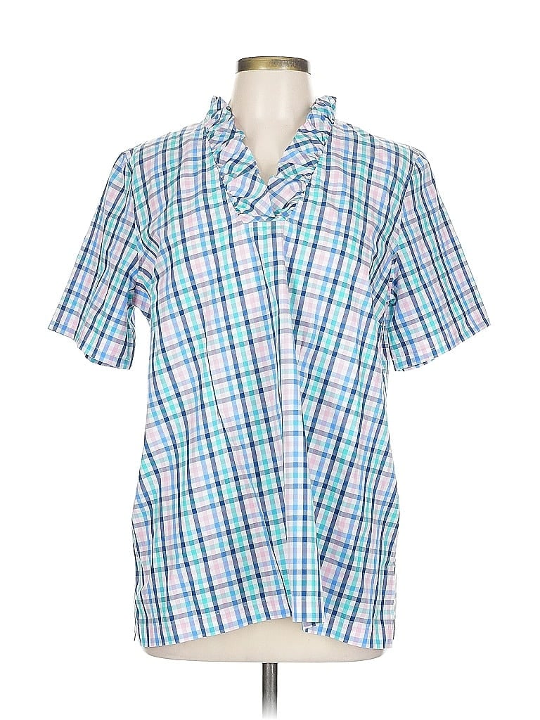 Talbots 100% Cotton Checkered-gingham Teal Blue Short Sleeve Button-Down Shirt Size 12 - photo 1