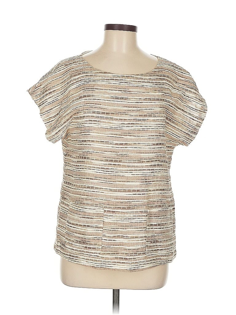 Pre-owned Lafayette 148 Short Sleeve Top Silver Metallic Pattern Crew Neck Tops