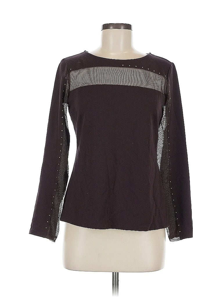 Pre-owned Colleen Lopez Long Sleeve Top Brown Crew Neck Tops