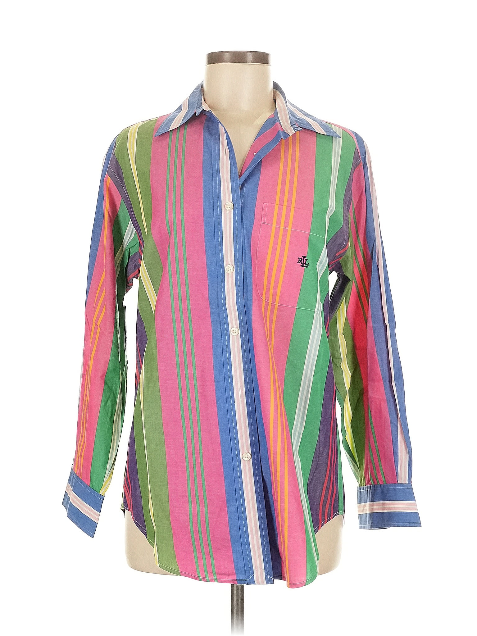 Lauren by Ralph Lauren Stripes Blue Pink Long Sleeve Button-Down Shirt Size M (estimated)
