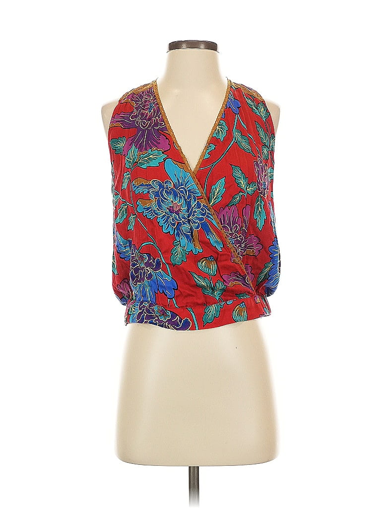 100% Silk Red Sleeveless Blouse Underlay Subtle Print