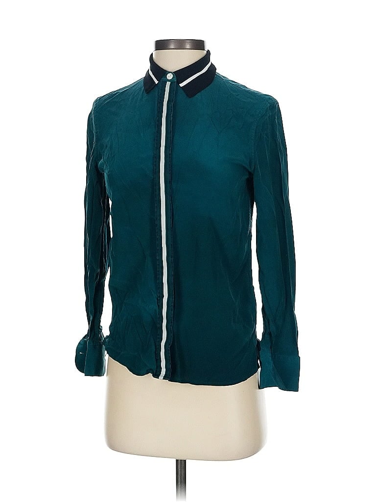 Pre-owned Rag & Bone Long Sleeve Silk Top Teal Mock Neckline Tops In Blue