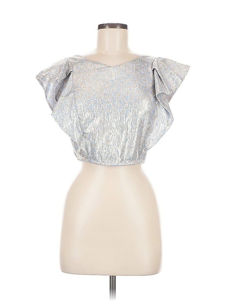 Click to view more detailed imagery on our partner's website Pre-owned Koché Short Sleeve Top Silver Metallic Pattern Ruffles Neckline Tops
