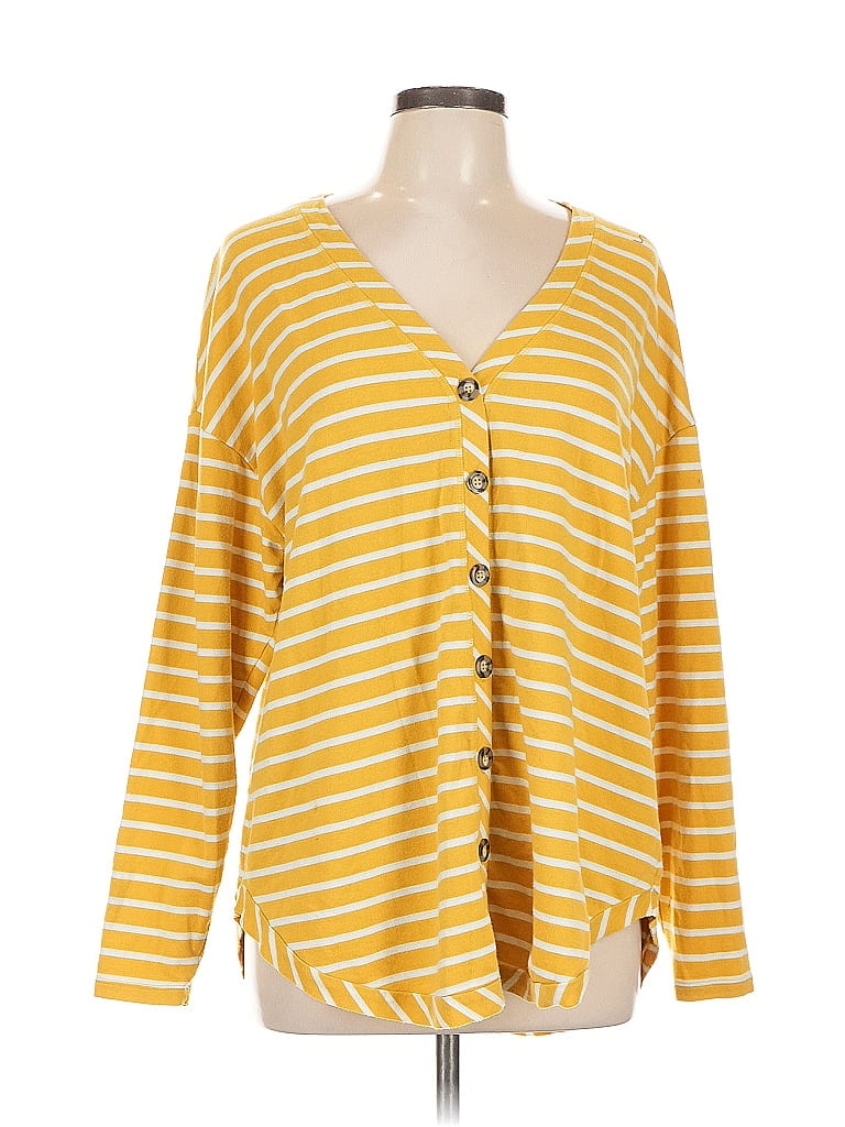 Pre-owned Natural Reflections Long Sleeve Top Yellow Plunge Neckline Tops
