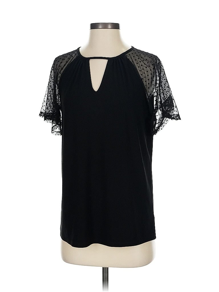 Pre-owned Anne Klein Short Sleeve Top Black Keyhole Neckline Tops