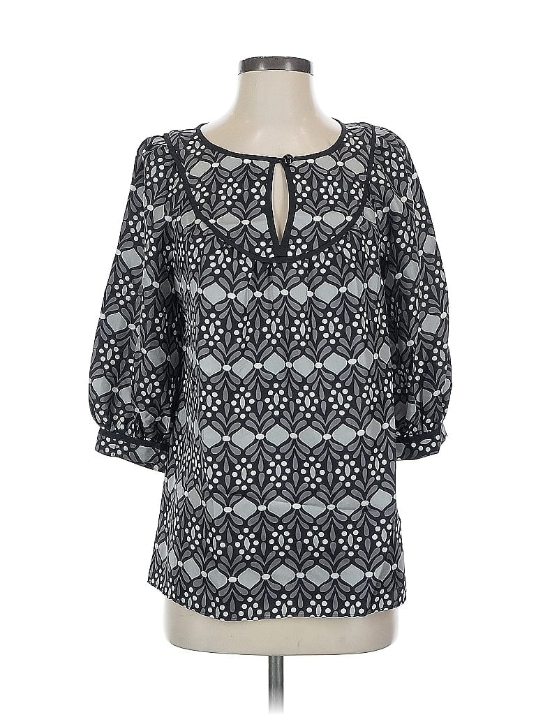 Pre-owned An Original Milly Of New York 3/4 Sleeve Silk Top Gray Keyhole Neckline Tops