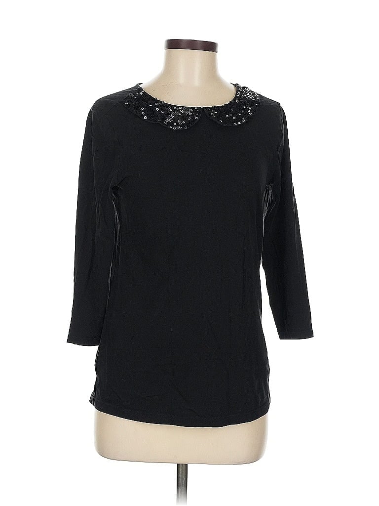 Pre-owned Ann Taylor Loft Outlet 3/4 Sleeve Top Black Crew Neck Tops