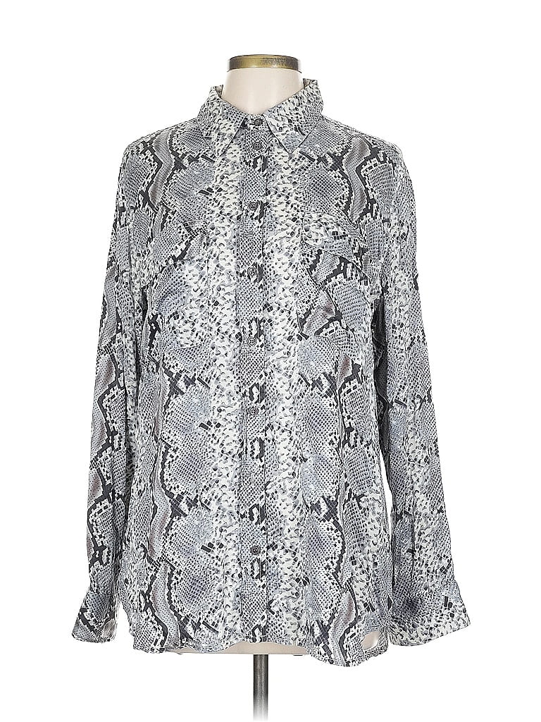 Pre-owned Pure Amici Long Sleeve Silk Top Silver Animal Print Pattern High Neck Tops