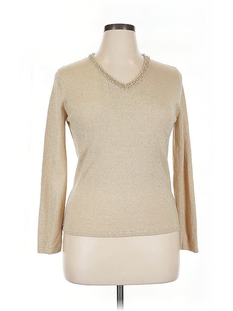 Pre-owned Jm Collection Long Sleeve Top Tan V Neck Tops In Brown