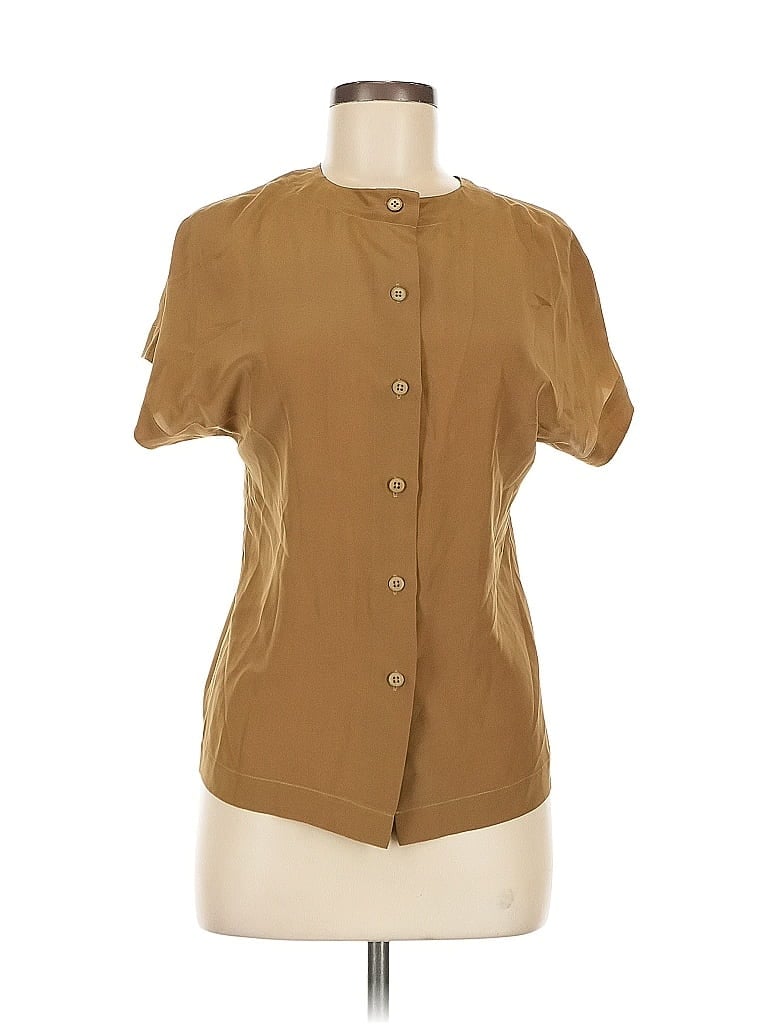 Pre-owned Linda Allard Ellen Tracy Short Sleeve Silk Top Tan Square Neckline Tops In Brown