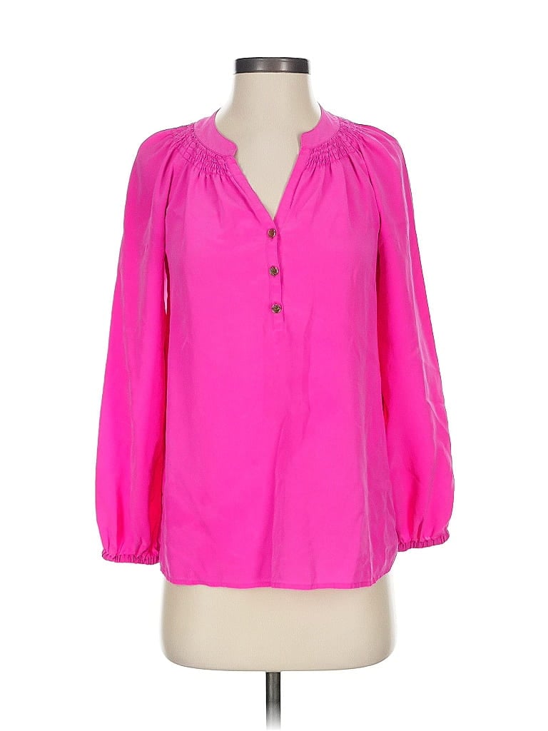 Click to view more detailed imagery on our partner's website Pre-owned Lilly Pulitzer 3/4 Sleeve Silk Top Pink Open Neckline Tops