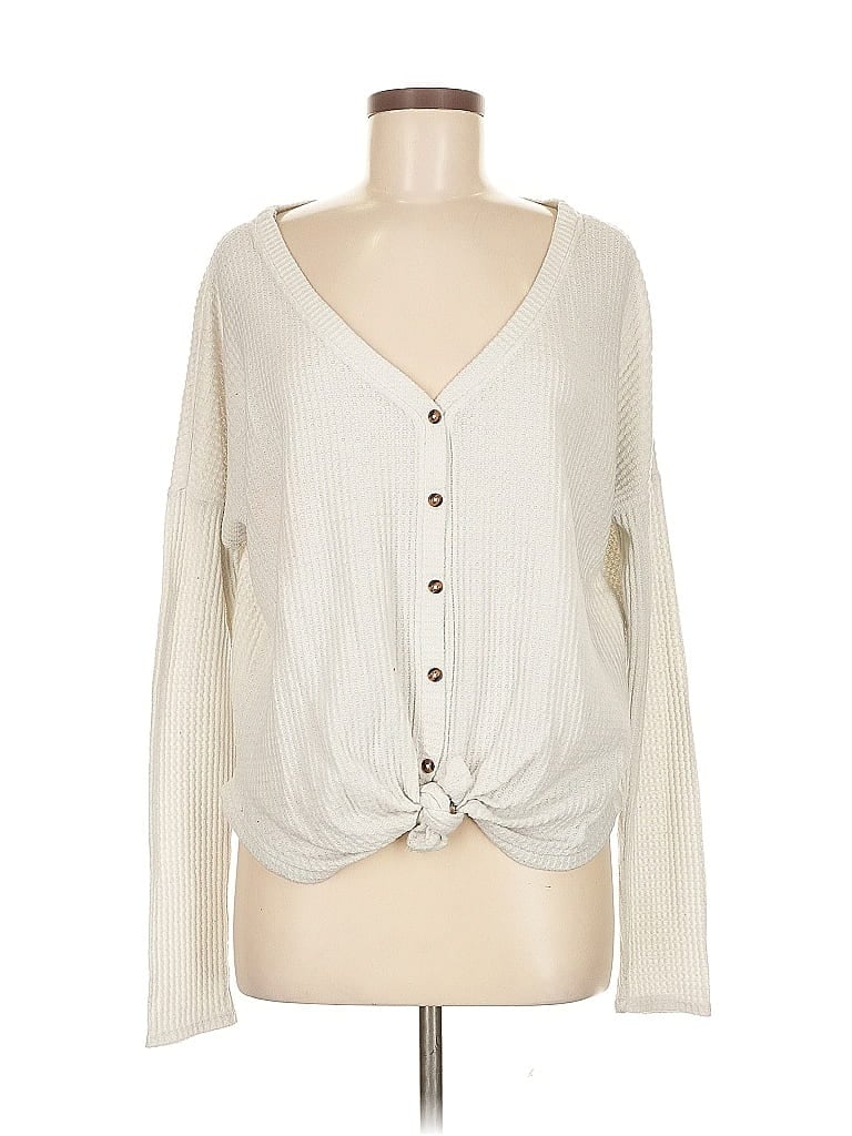 WILD FABLE Pre-owned Long Sleeve Top Ivory Plunge Neckline Tops In White