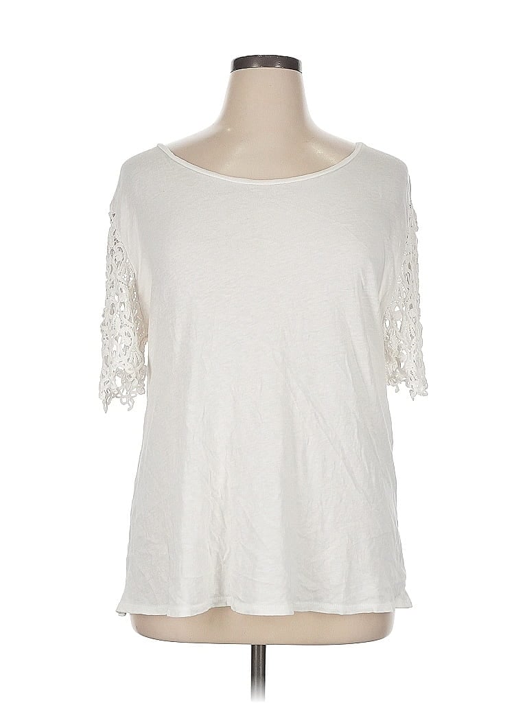 Pre-owned Kaari Blue Short Sleeve Top Ivory Scoop Neck Tops In White