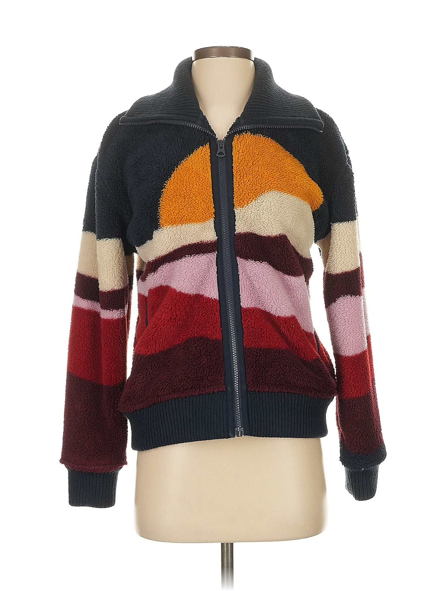 Faherty 100% Recycled Polyester Color Block Burgundy Faux Fur Jacket Size S