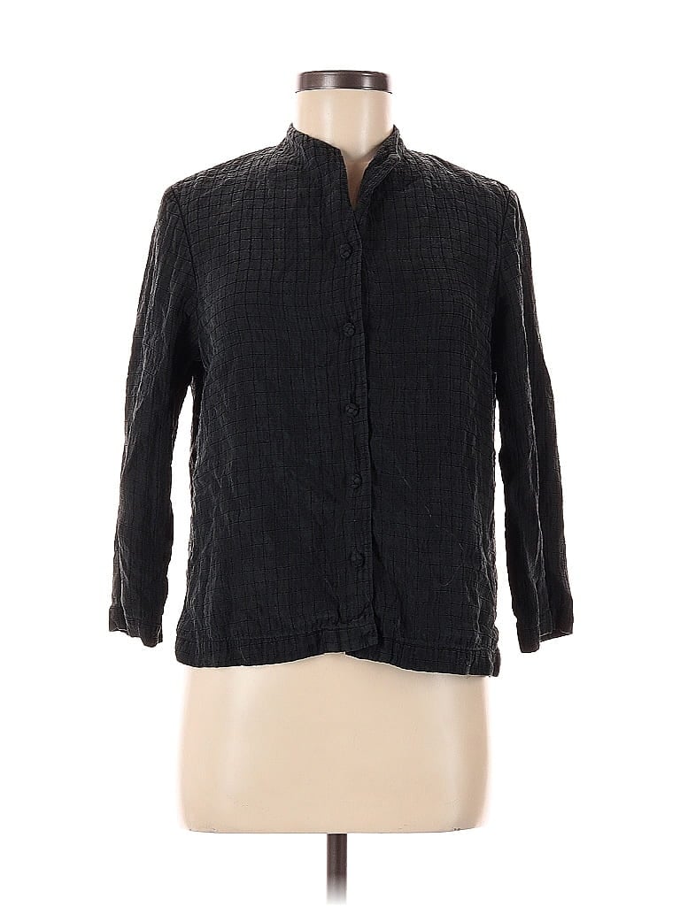 Pre-owned Eileen Fisher 3/4 Sleeve Silk Top Black Mock Neckline Tops