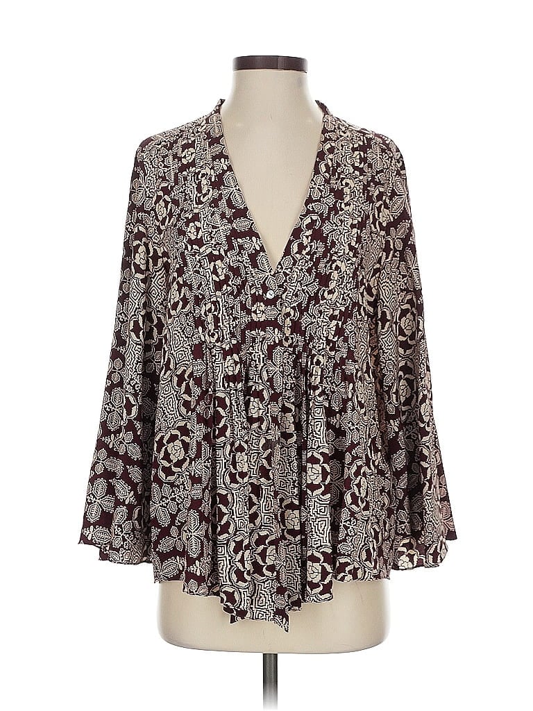 Pre-owned Elizabeth And James 3/4 Sleeve Silk Top Burgundy Print Pattern Plunge Neckline Tops