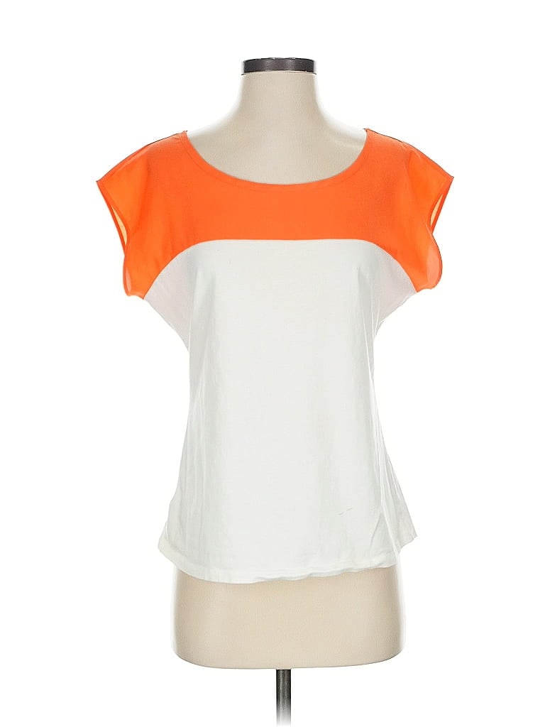 Pre-owned Ann Taylor Short Sleeve Top White Color Block Pattern Scoop Neck Tops