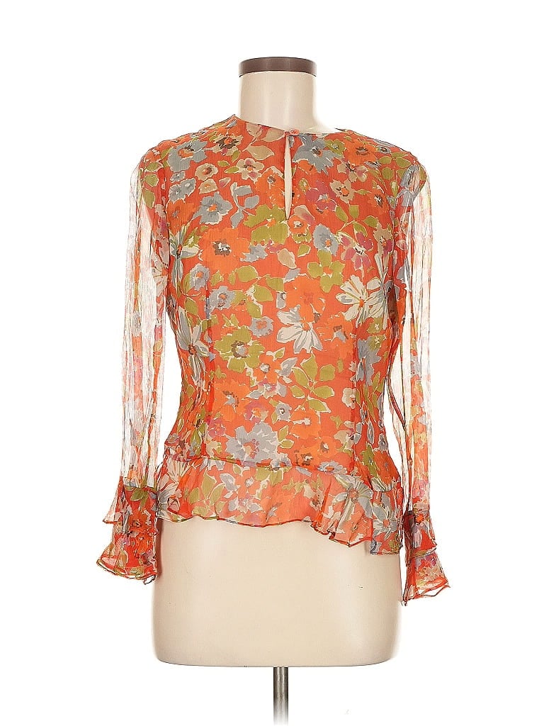 Pre-owned Worth Long Sleeve Silk Top Orange Mock Neckline Tops