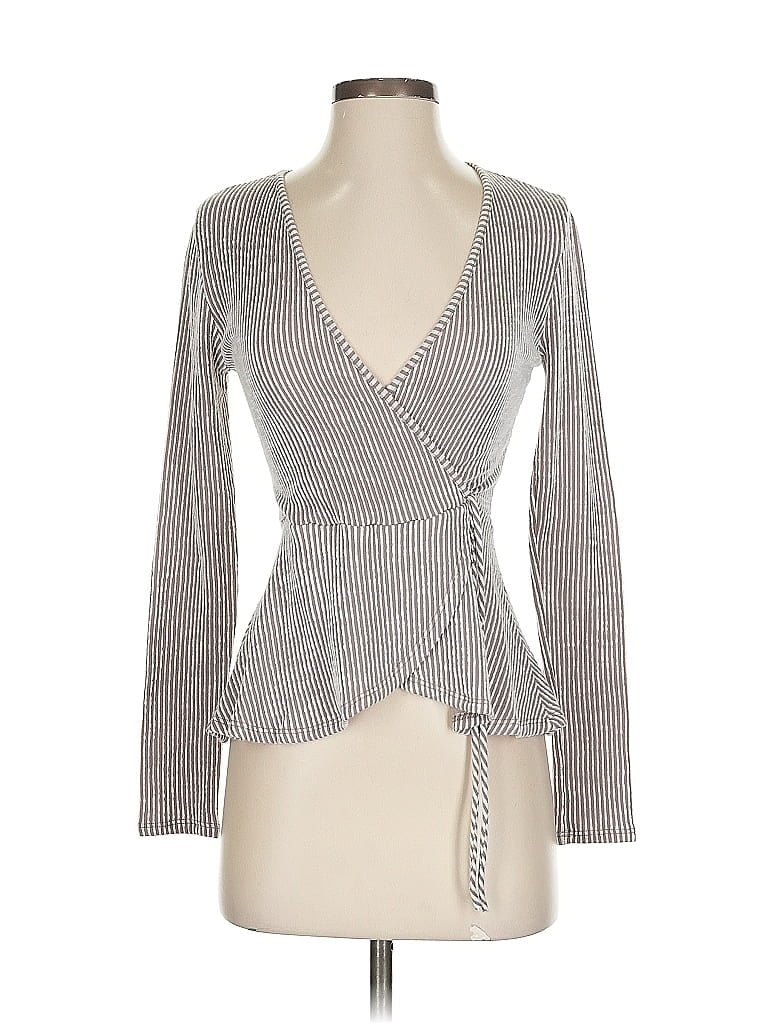 CAUTION TO THE WIND Pre-owned Long Sleeve Top Tan Plunge Neckline Tops In Brown