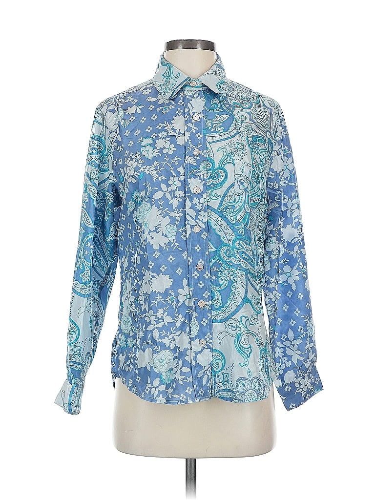 COLDWATER CREEK Pre-owned Long Sleeve Silk Top Blue Paisley Pattern Collared Neckline Tops