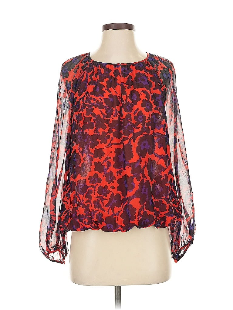 Pre-owned Diane Von Furstenberg Long Sleeve Silk Top Red Keyhole Neckline Tops